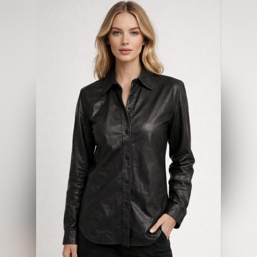 Vintage NINE WEST Genuine Leather Button-Up Shacket. Black. Size Small
